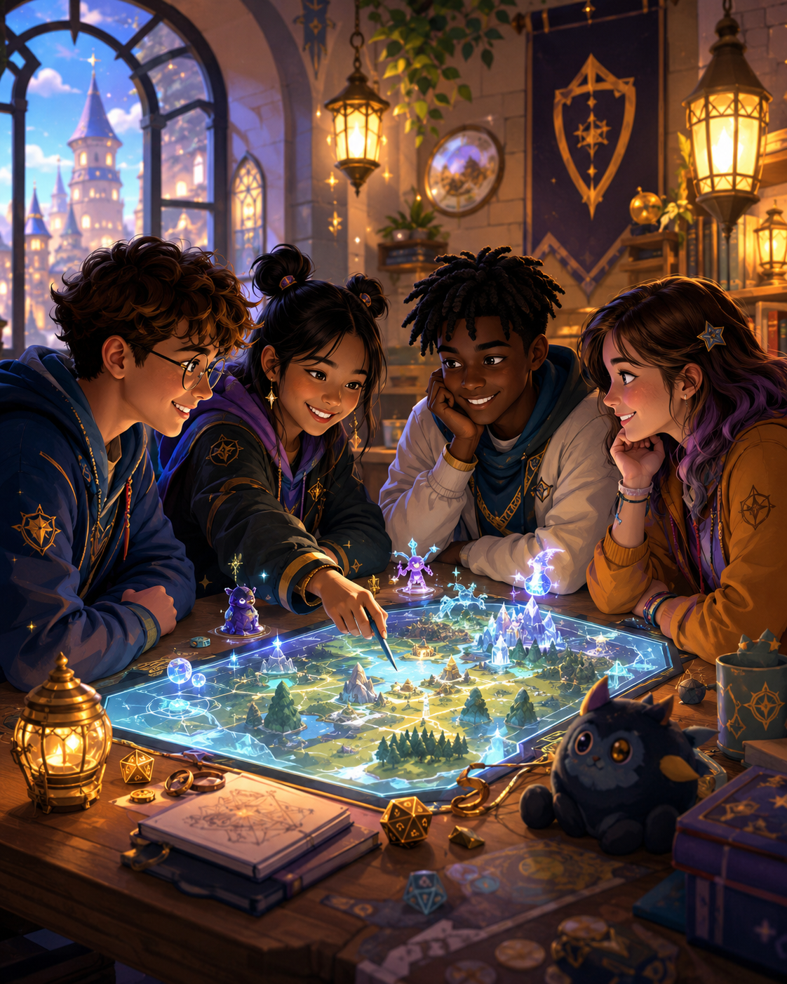 Creative kids gathered around a glowing adventure map inside the Guild of Imagination